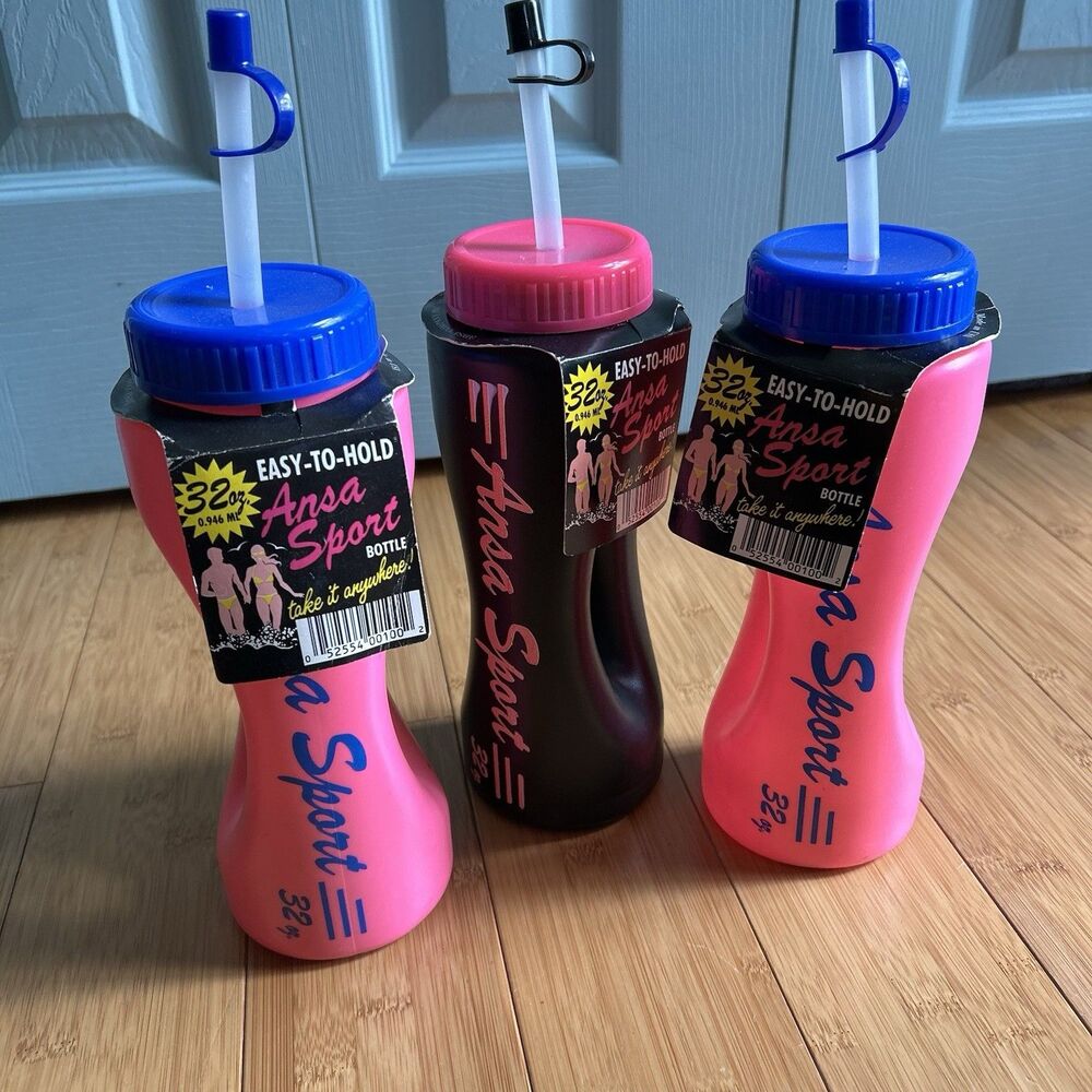 Retro Vtg Ansa Sport Water Bottles W/ Straws Pink Black 80s Beachy 32 Ounce